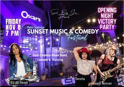 Laurie Morvan appearing with Sweet Baby J'ai on November 8, 2024 at Oscar's Palm Springs at the Victory Party, opening night of the 3 day Sunset Music & Comedy Festival.